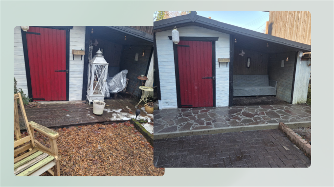 Terrasse mit Polygonalplatten erneuert - Vorher Nachher