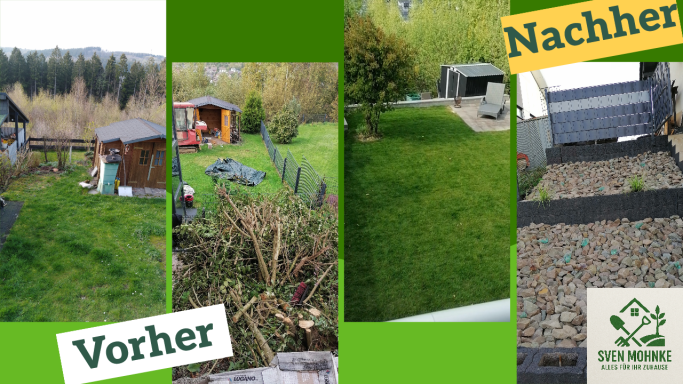 Garten vor und nach der Verschönerung mit unterschiedlichen Landschaftsgestaltungen.