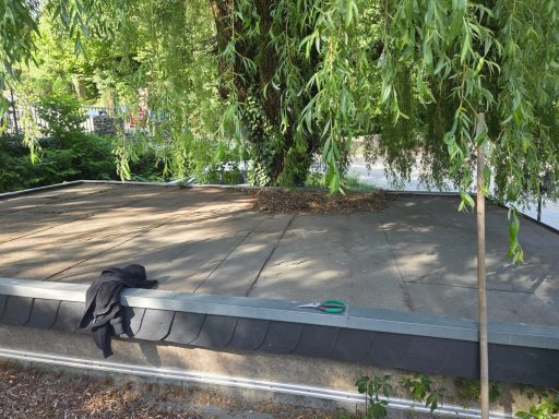 Ein schattiger Bereich unter einem großen Baum mit einer abgedeckten Fläche.